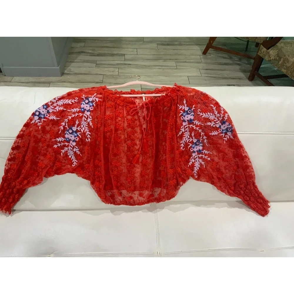 Free People Red Sheer Lace Embroidered Off Shoulder Tassel Blouse Small OB643444